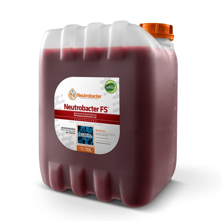 Contenedor grande de Neutrobacter FS solución desinfectante con líquido rojo y tapa naranja