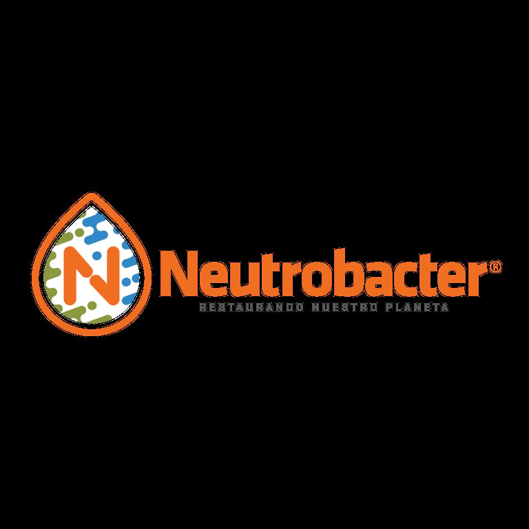 Neutrobacter logo featuring a water droplet icon with orange N letter and tagline on black background
