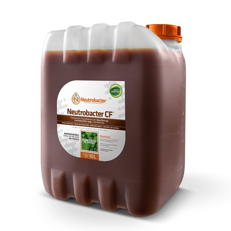 Contenedor grande de Neutrobacter CF líquido marrón con tapa naranja y etiqueta del producto